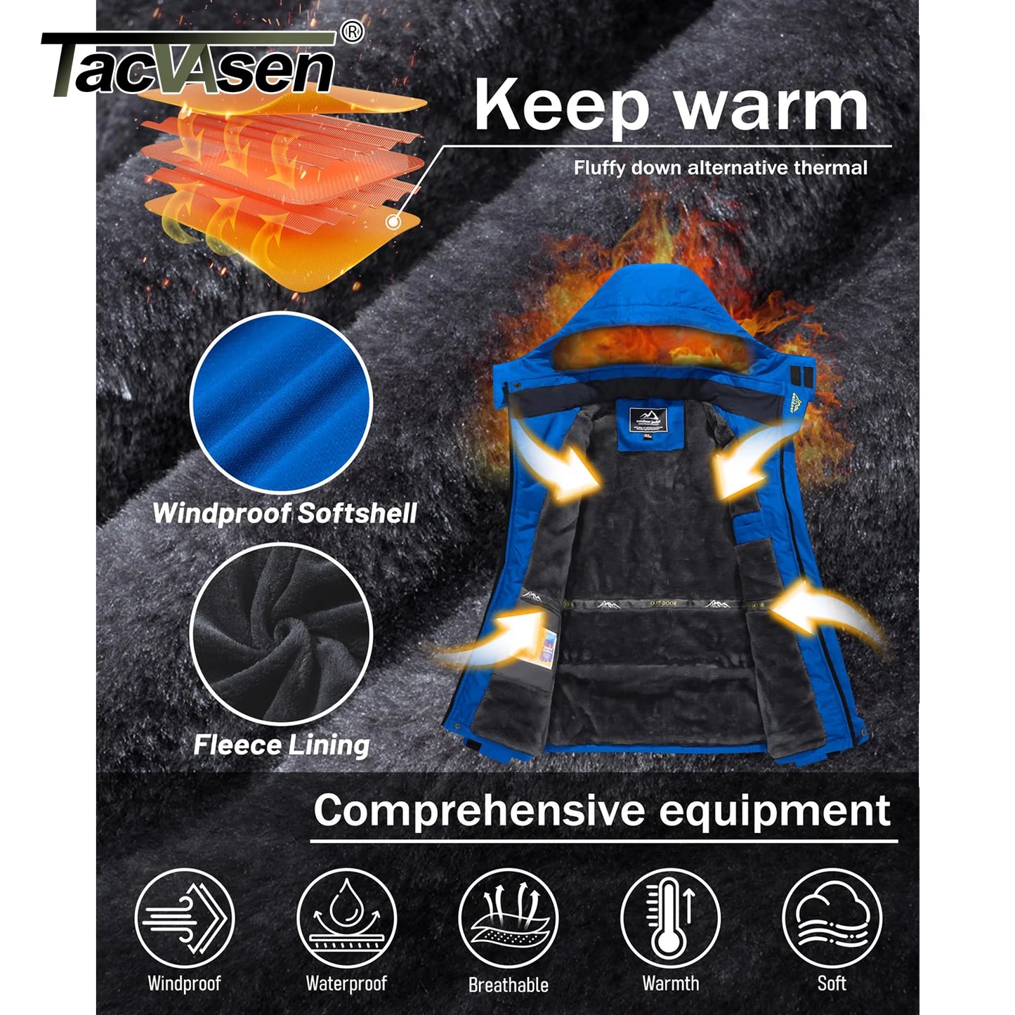 TACVASEN Men's Winter Skiing Jackets Water Resistant Fleece Coats Insulated Thermal Snowboard Jacket Parka Raincoat with Hood