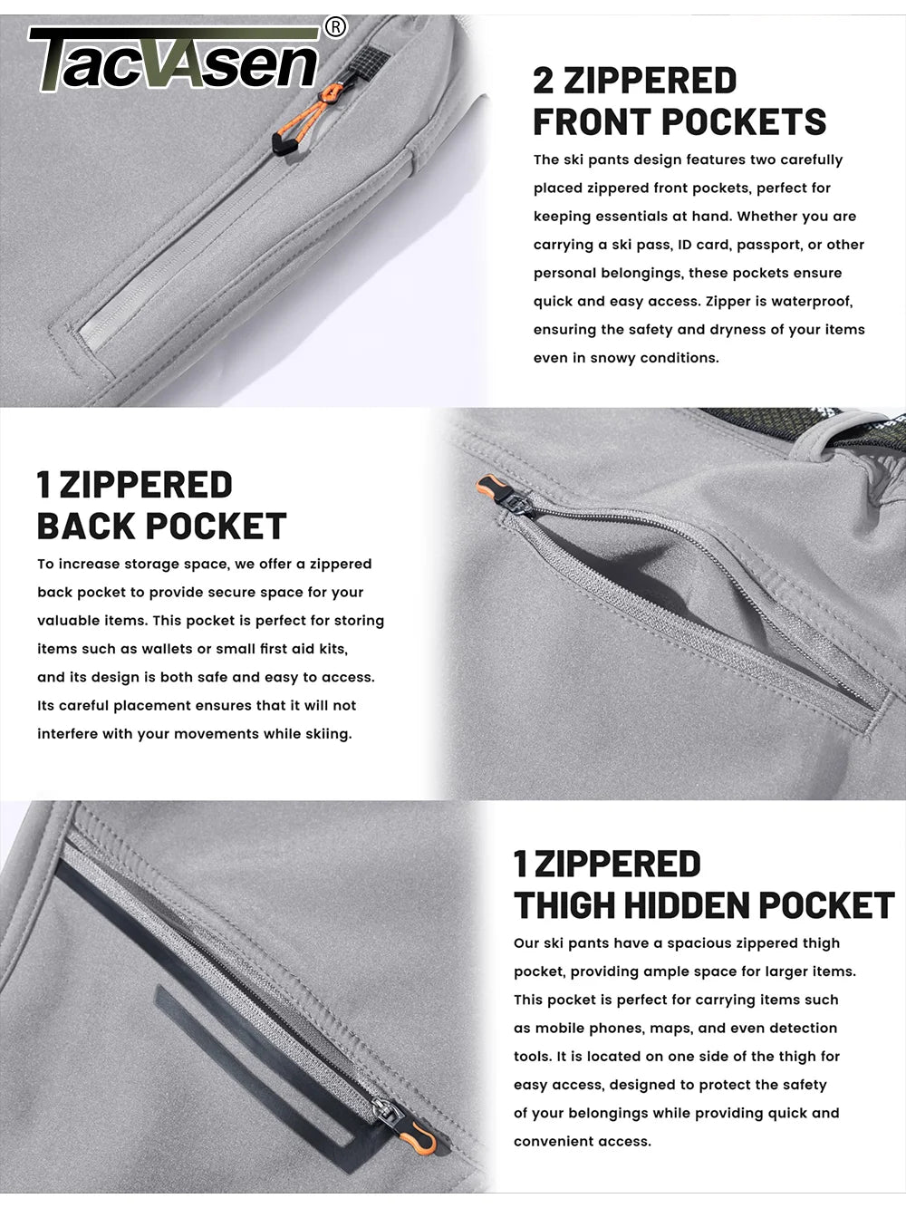 TACVASEN Men's Skiing Snow Pants Fleece Lined Waterproof Winter Insulated Hiking Pant for Outdoor Work Hunting Cargo