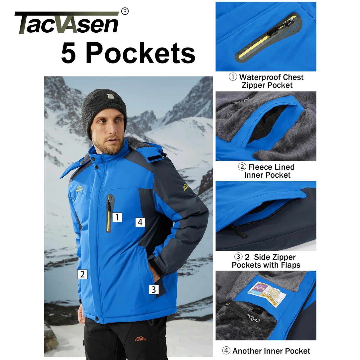 TACVASEN Men's Winter Skiing Jackets Water Resistant Fleece Coats Insulated Thermal Snowboard Jacket Parka Raincoat with Hood